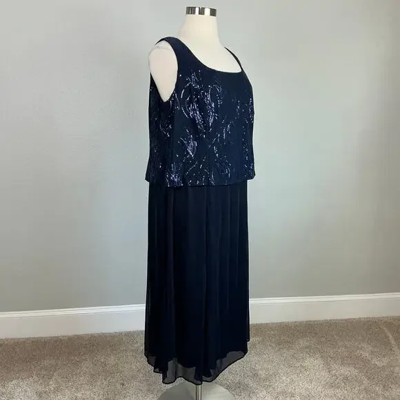 Alex Evenings Sequined Chiffon Midi A-Line Cocktail Dress Navy Blue Size 24W - Picture 3 of 12